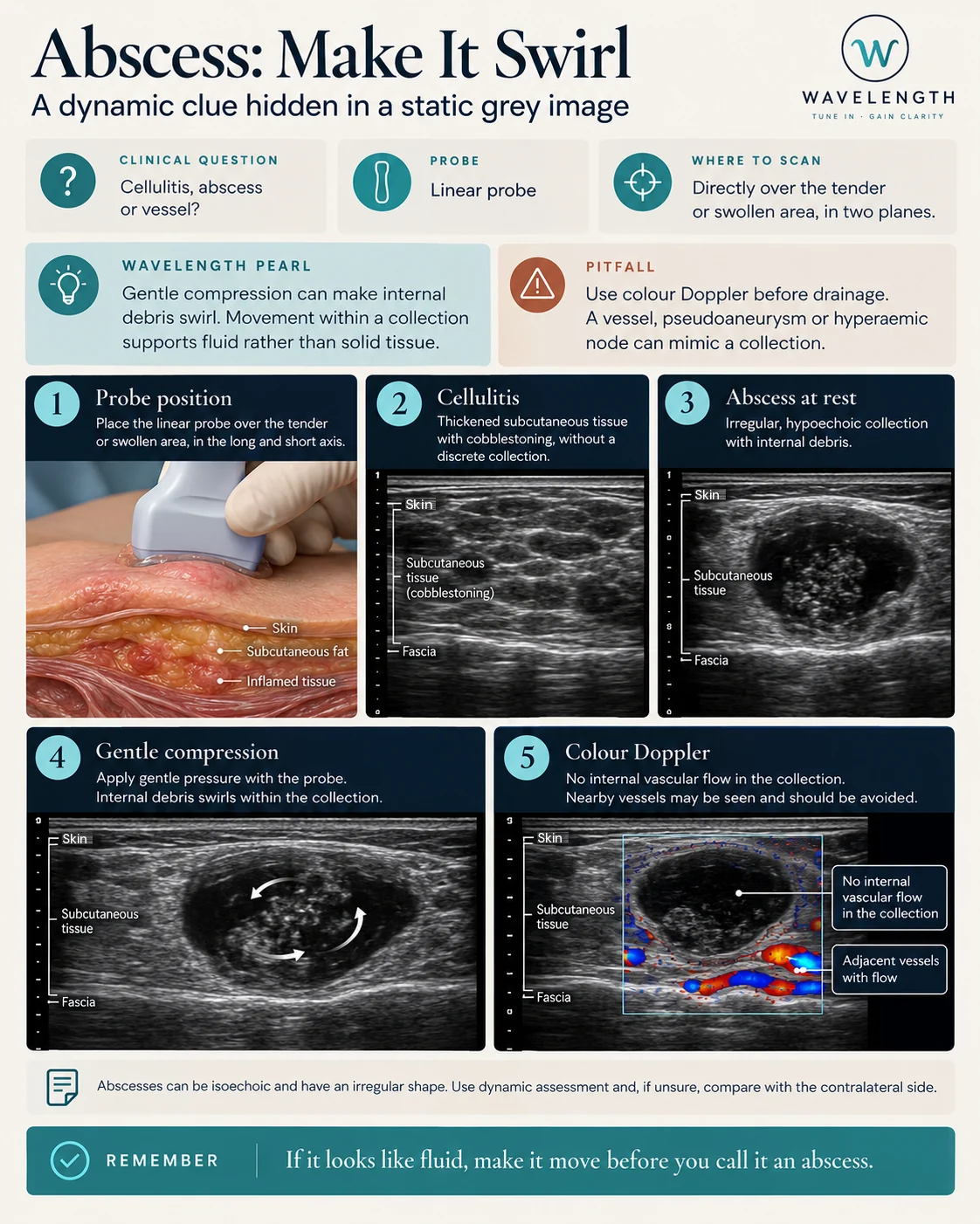 Wavelength Pearl: abscess. Gentle compression makes the contents swirl. Check colour Doppler before drainage.