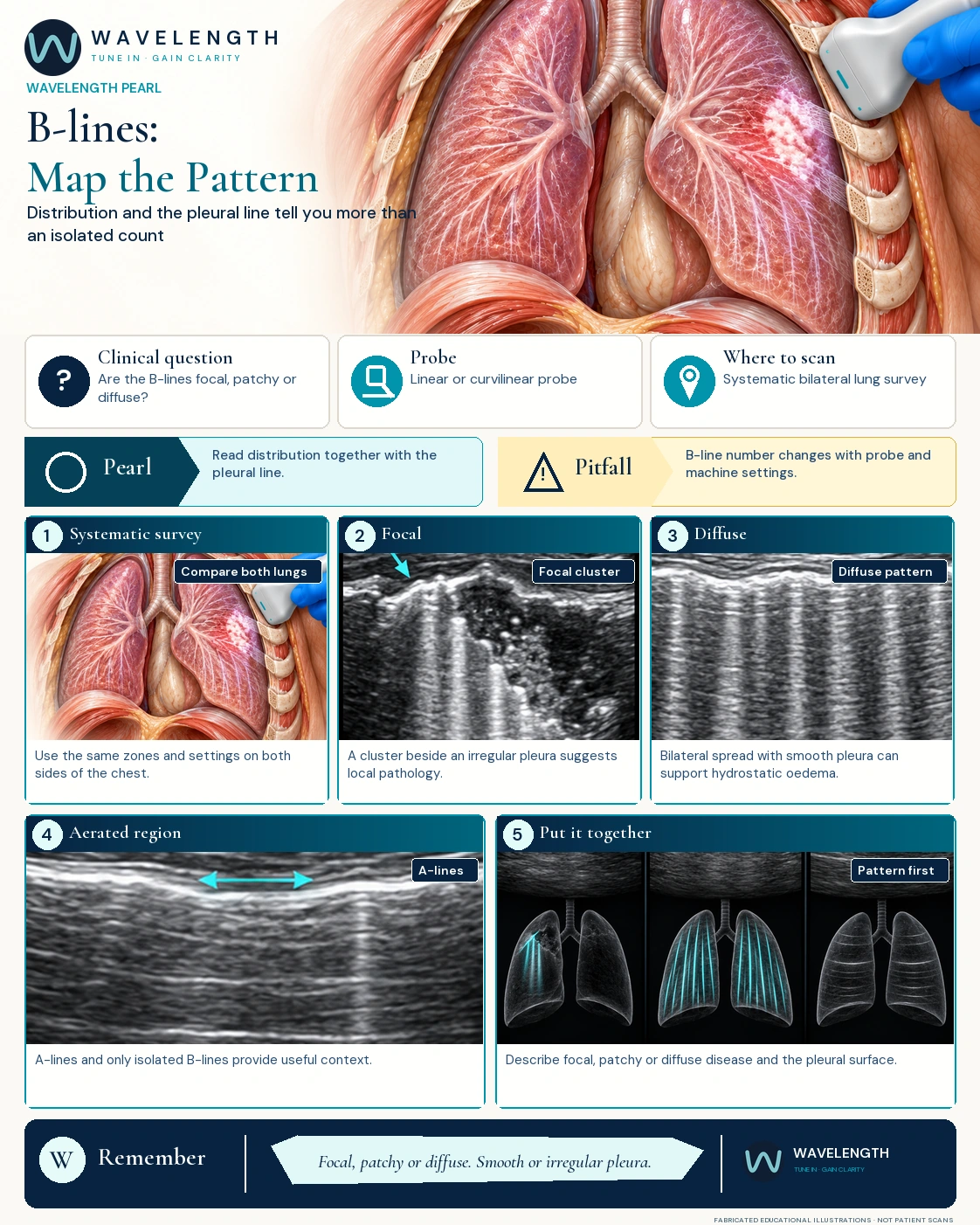 Wavelength Pearl: B-lines. Focal B-lines beside an irregular pleura, diffuse B-lines with a smooth pleura, and aerated lung with A-lines.