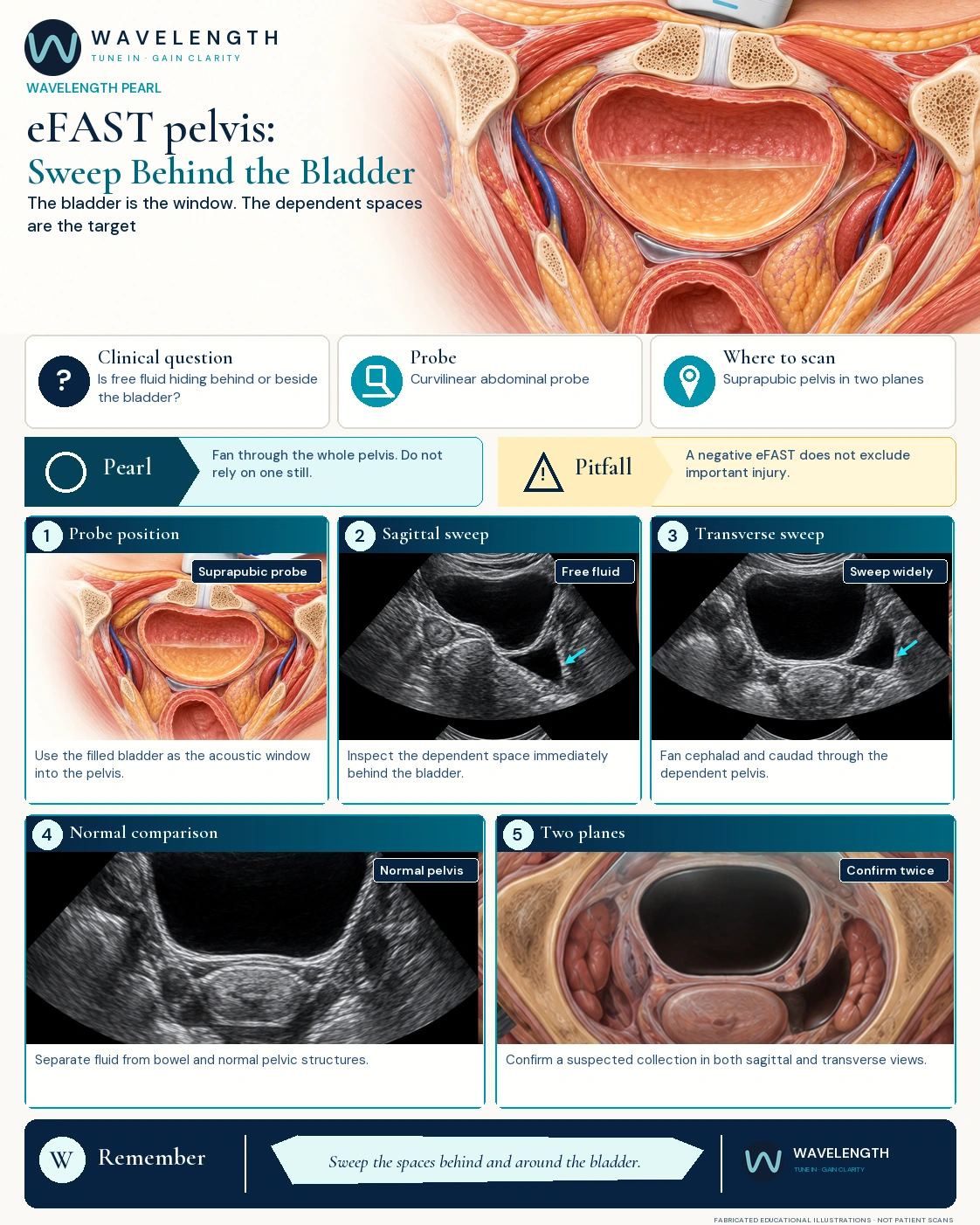 Wavelength Pearl: eFAST pelvis. Free fluid behind the bladder in sagittal and transverse sweeps, with a normal pelvis for comparison.
