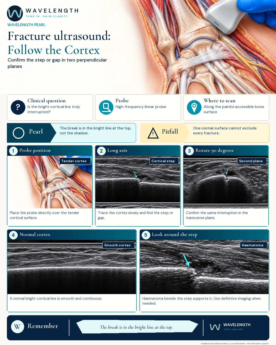 Wavelength Pearl: fracture ultrasound. A cortical step in long axis, the same step in transverse, a smooth normal cortex, and haematoma beside the step.