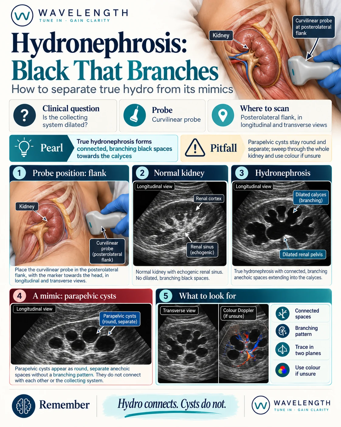 Wavelength Pearl: hydronephrosis. True hydronephrosis forms connected, branching black spaces. Parapelvic cysts stay round and separate.