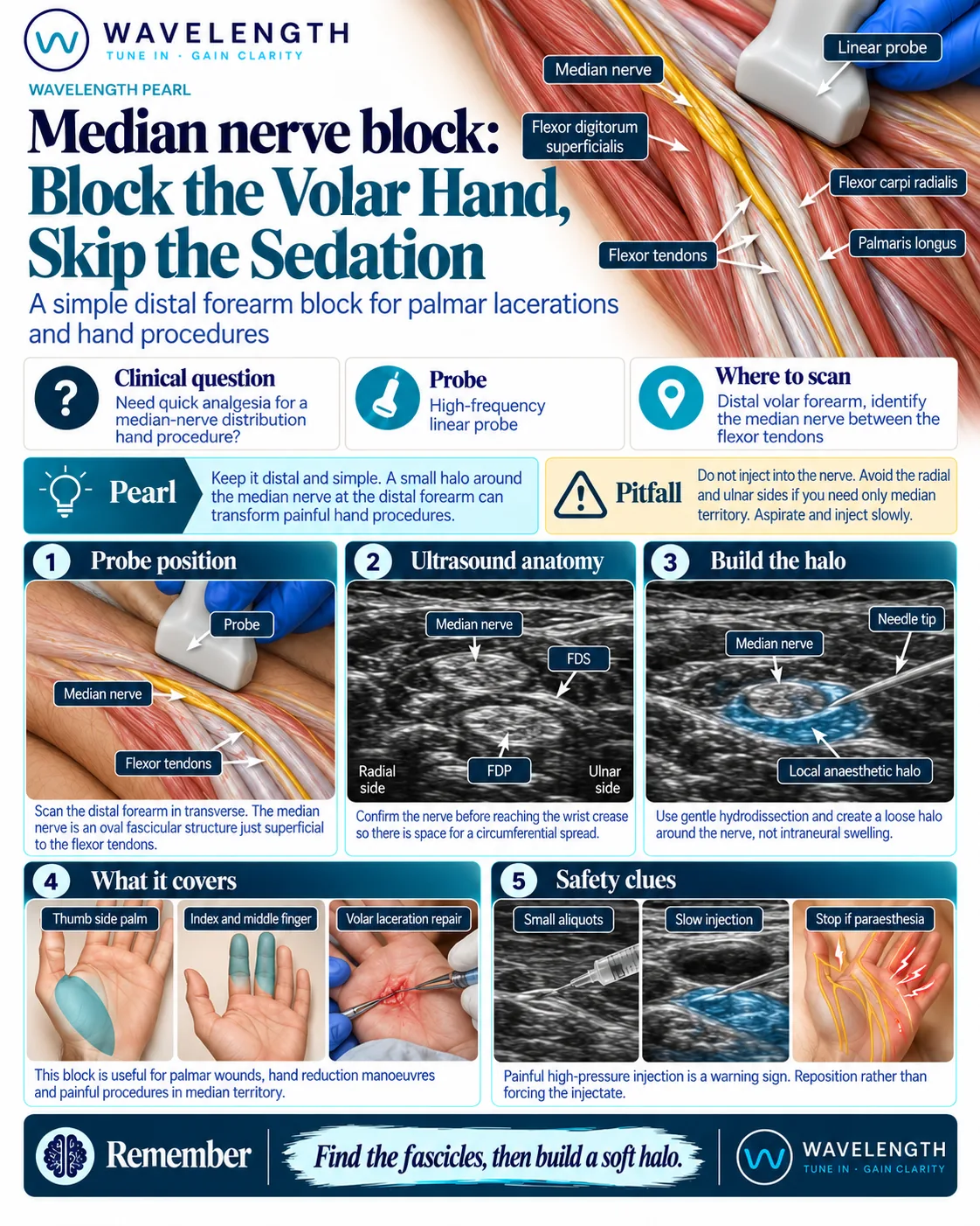 Wavelength Pearl: median nerve block. Find the fascicular median nerve in the distal forearm and build a soft halo of local anaesthetic around it.