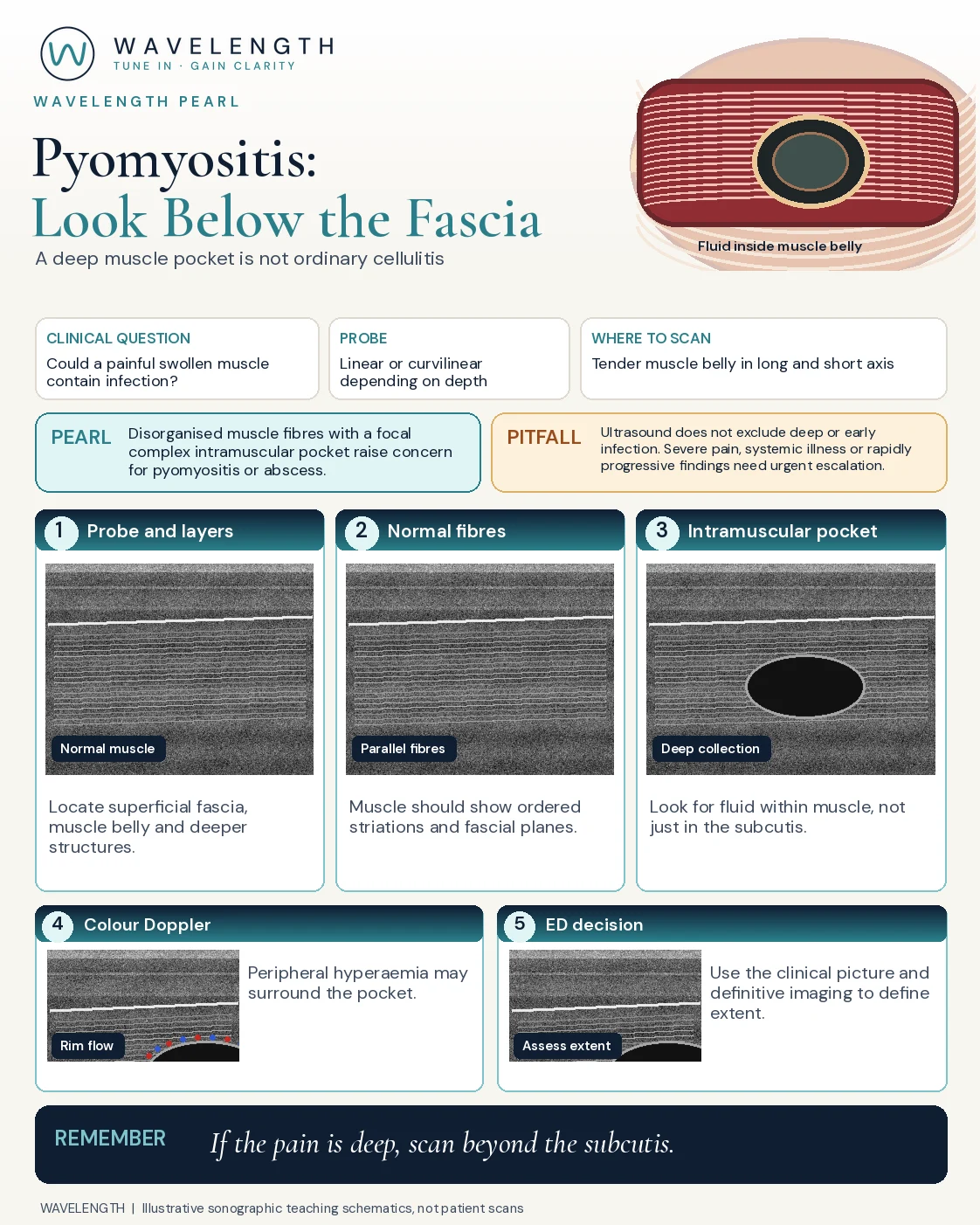 Wavelength Pearl: pyomyositis. Normal striated muscle under the fascia, a deep pocket within the muscle, and flow in its rim.