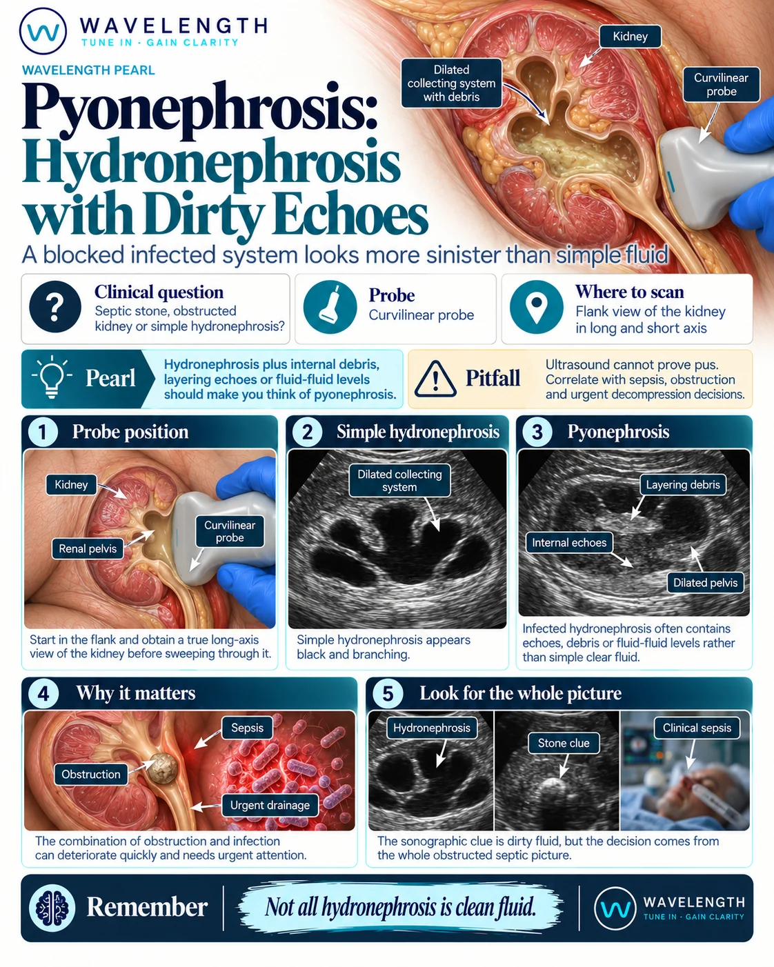 Wavelength Pearl: pyonephrosis. Hydronephrosis plus internal debris, layering echoes or fluid-fluid levels should make you think of pyonephrosis.