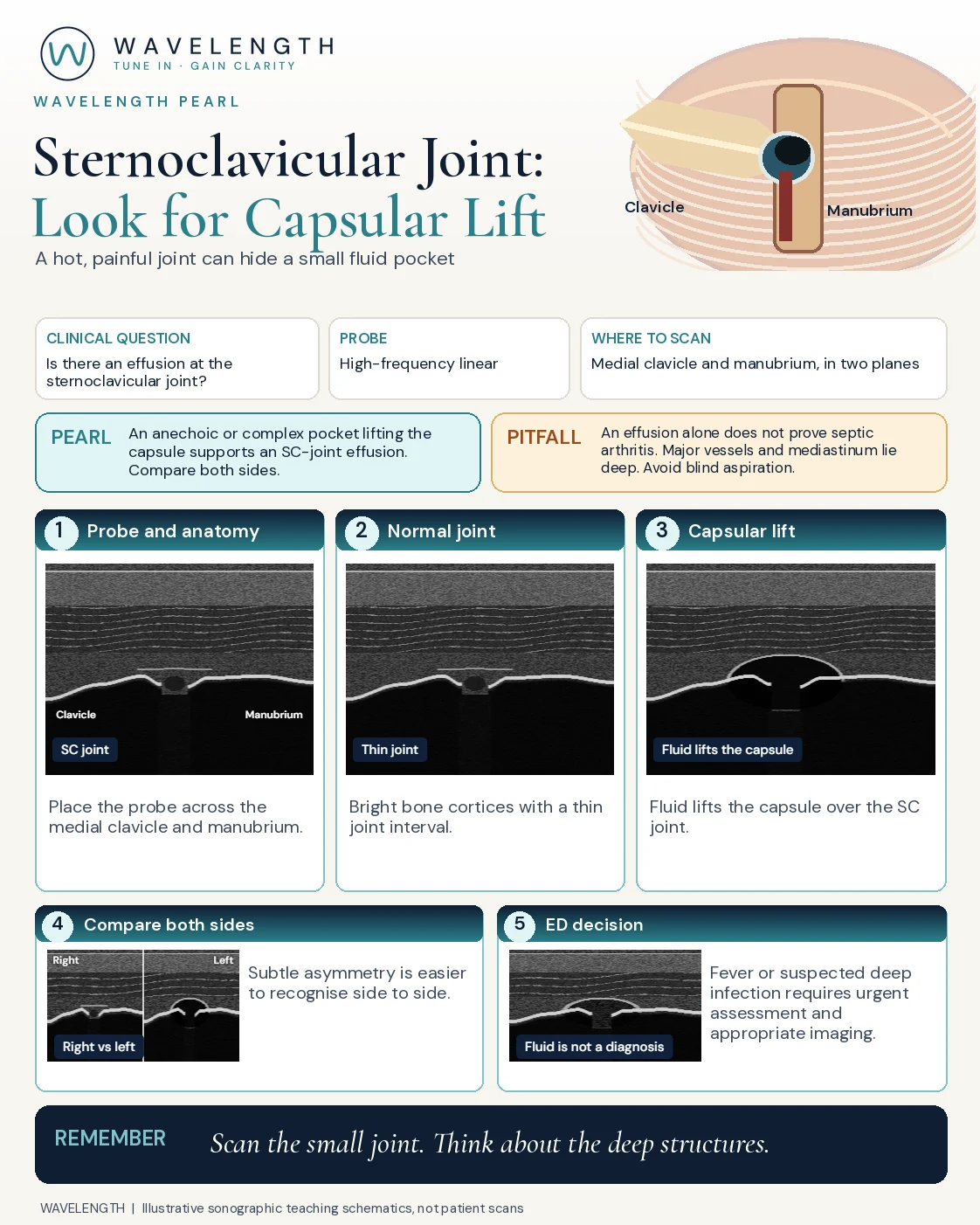 Wavelength Pearl: sternoclavicular joint. The normal joint with a thin capsule between the clavicle and manubrium, and an effusion lifting the capsule.