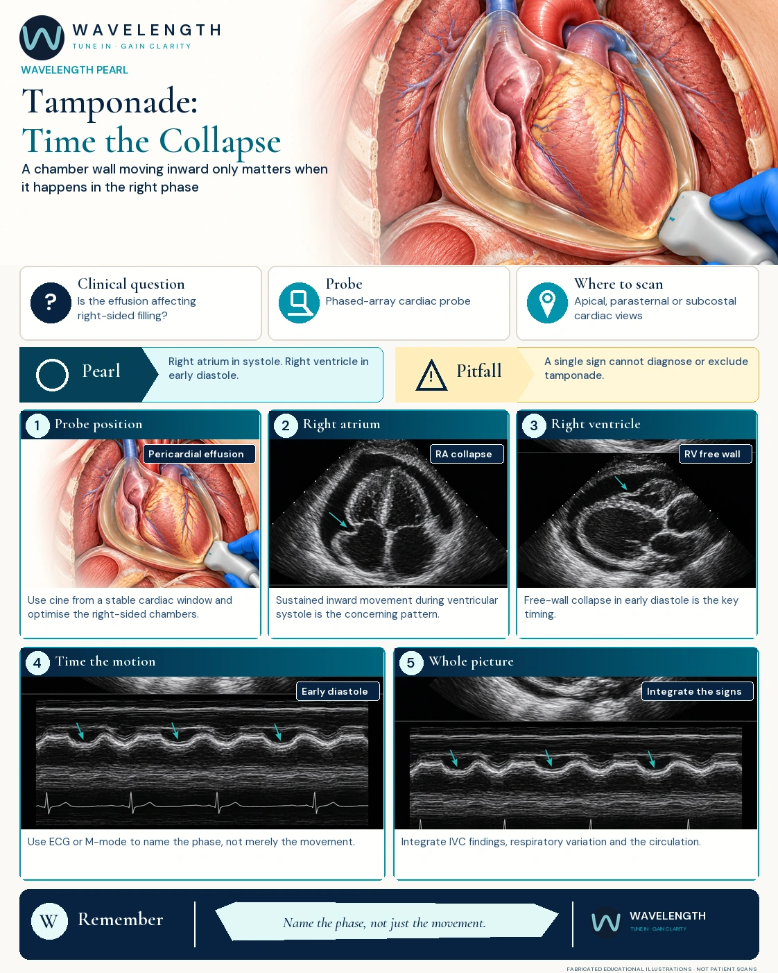 Wavelength Pearl: tamponade. Right atrial collapse through systole, right ventricular collapse in early diastole, and M-mode to time the movement.