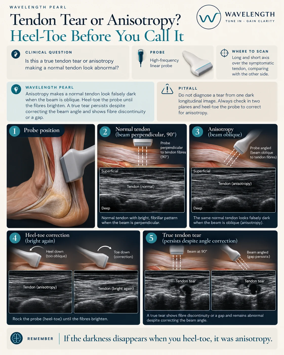 Wavelength Pearl: tendon tear or anisotropy. Heel-toe the probe until the fibres brighten.