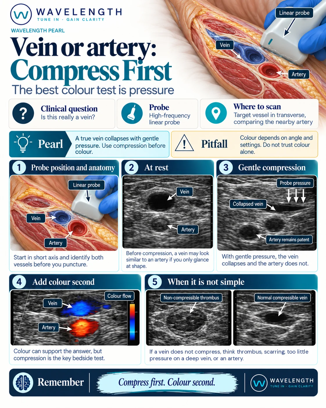 Wavelength Pearl: vein or artery. A true vein collapses with gentle pressure. Use compression before colour.