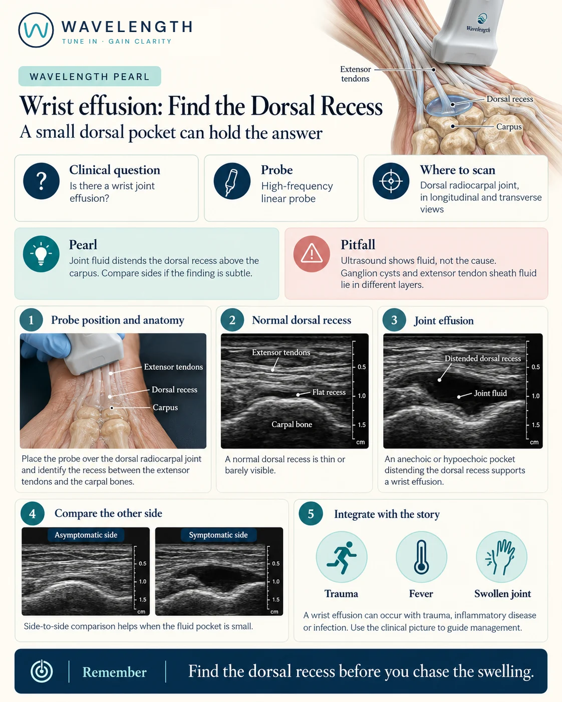 Wavelength Pearl: wrist effusion. A flat dorsal recess, a distended recess with joint fluid, and a side-to-side comparison.